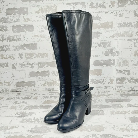 Franco Sarto Alexa Black Leather Zip Up Block Heel Tall Knee High Boots … - Picture 2 of 14